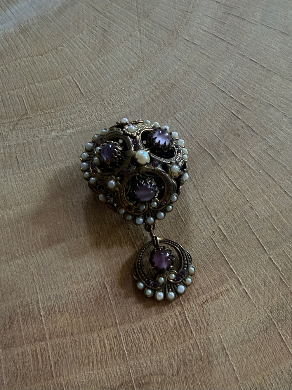 Vintage-Style Purple Stone and Pearl Drop Brooch